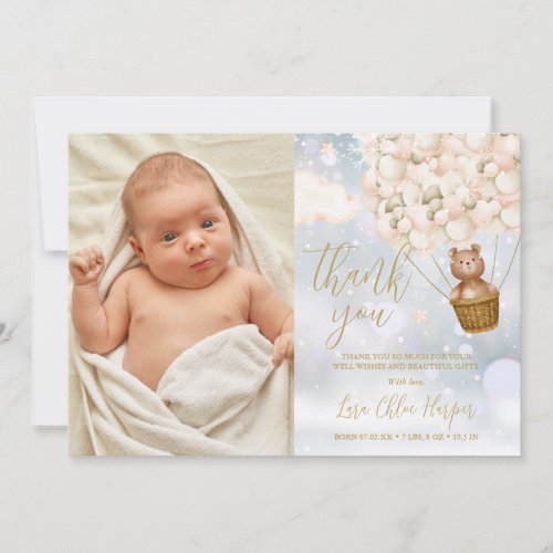 Cute Bear And Balloons Winter Baby Birth Photo Thank You Card