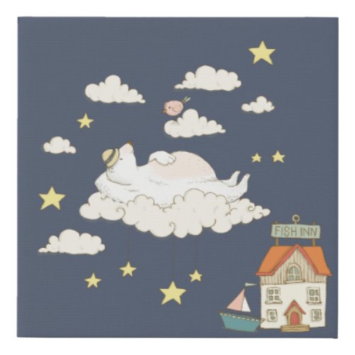 Cute Bear and Bird Illustration Scene in the Sky Faux Canvas Print