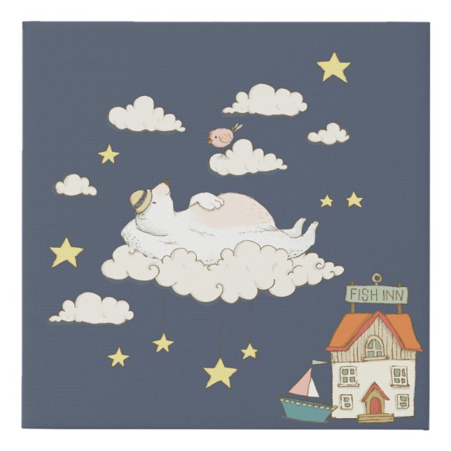 Cute Bear and Bird Illustration Scene in the Sky Faux Canvas Print (Front)