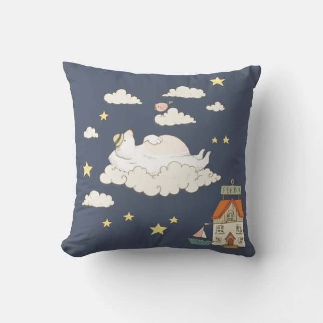 Cute Bear and Bird Illustration Scene in the Sky Throw Pillow (Front)