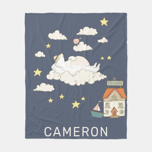 Cute Bear and Bird Illustration Scene Personalized Fleece Blanket (Front)