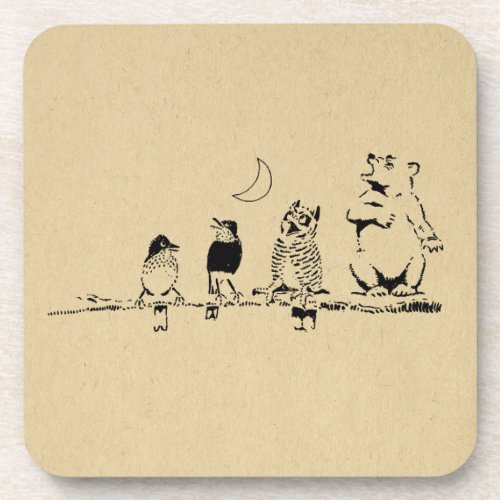 Cute Bear and Birds Singing to the Moon Art Beverage Coaster