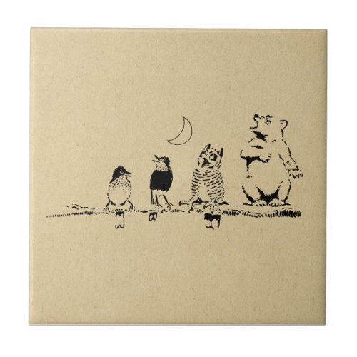 Cute Bear and Birds Singing to the Moon Art Ceramic Tile