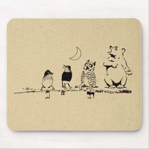 Cute Bear and Birds Singing to the Moon Art Mouse Pad