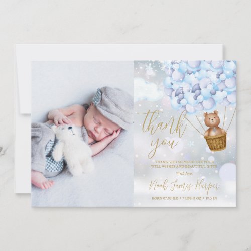 Cute Bear And Blue Balloons Winter Baby Photo Thank You Card