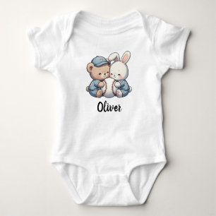 Cute Bear and Bunny Baseball Team Baby Bodysuit