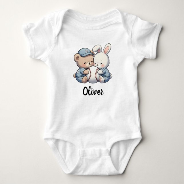 Cute Bear and Bunny Baseball Team Baby Bodysuit (Front)