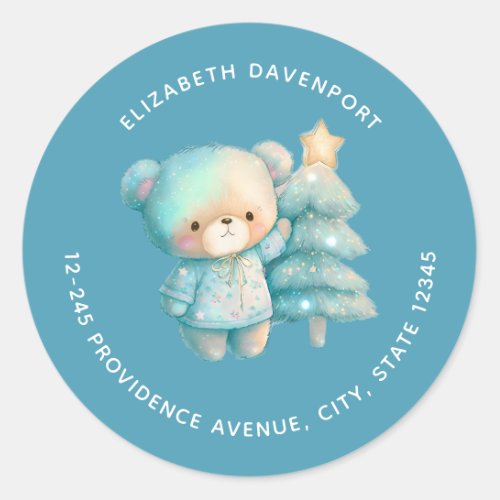 Cute Bear and Christmas Tree Holiday Address Classic Round Sticker