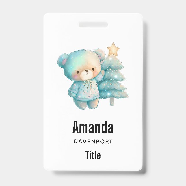 Cute Bear and Christmas Tree Holiday Badge (Front)