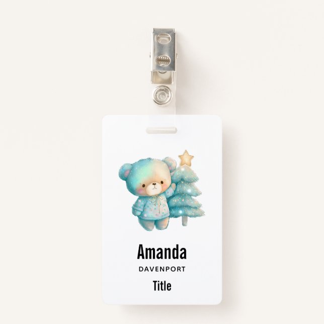 Cute Bear and Christmas Tree Holiday Badge (Front with Clip)