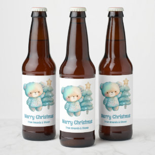 Cute Bear and Christmas Tree Holiday Beer Bottle Label