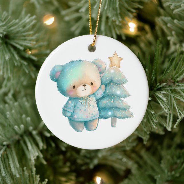 Cute Bear and Christmas Tree Holiday Ceramic Ornament (Tree)