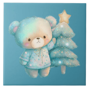 Cute Bear and Christmas Tree Holiday Ceramic Tile