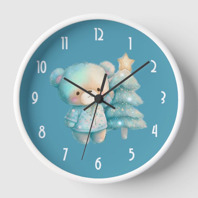 Cute Bear and Christmas Tree Holiday Clock (Front)