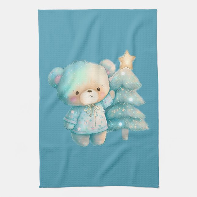 Cute Bear and Christmas Tree Holiday Kitchen Towel (Vertical)