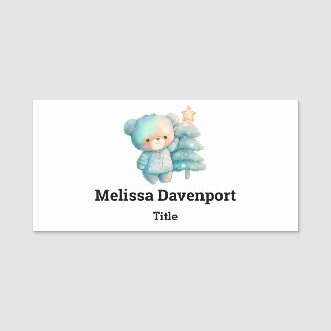 Cute Bear and Christmas Tree Holiday Name Tag (Front)