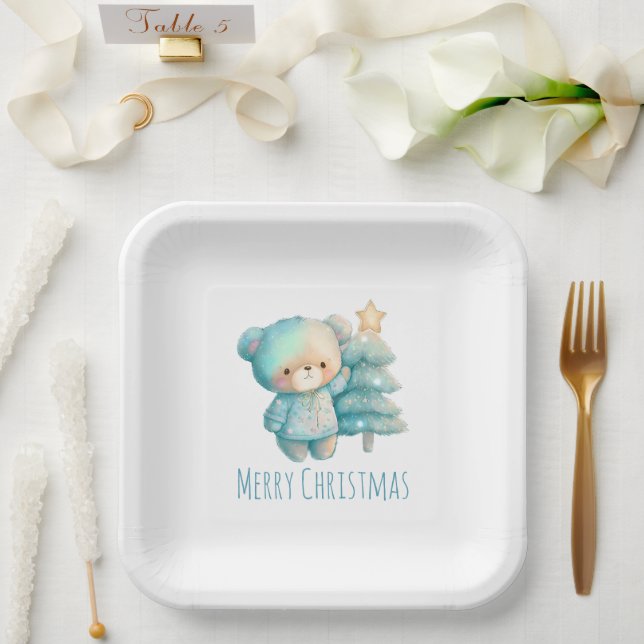 Cute Bear and Christmas Tree Holiday Paper Plates (Wedding)
