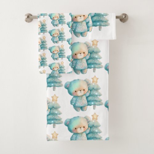 Cute Bear and Christmas Tree Holiday Pattern Bath Towel Set