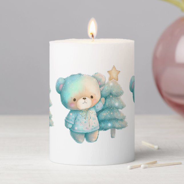 Cute Bear and Christmas Tree Holiday Pillar Candle (In Situ)