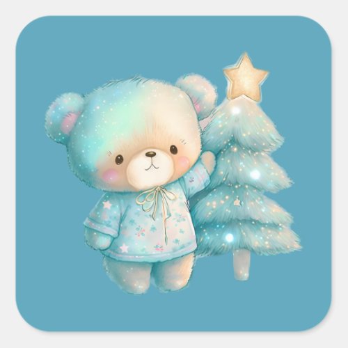 Cute Bear and Christmas Tree Holiday Square Sticker