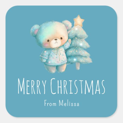 Cute Bear and Christmas Tree Holiday Square Sticker