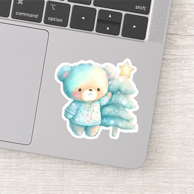 Cute Bear and Christmas Tree Holiday Sticker (Detail)