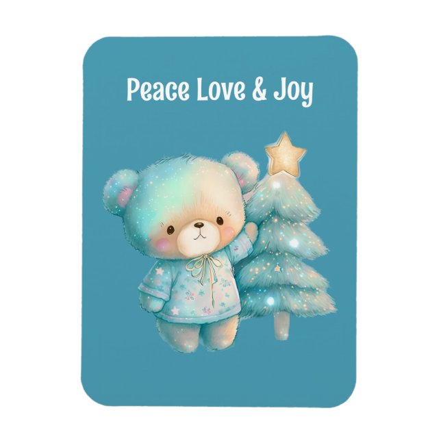 Cute Bear and Christmas Tree Holiday Teal Magnet (Vertical)