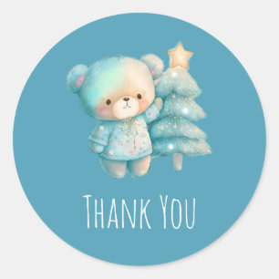Cute Bear and Christmas Tree Holiday Thank You Classic Round Sticker