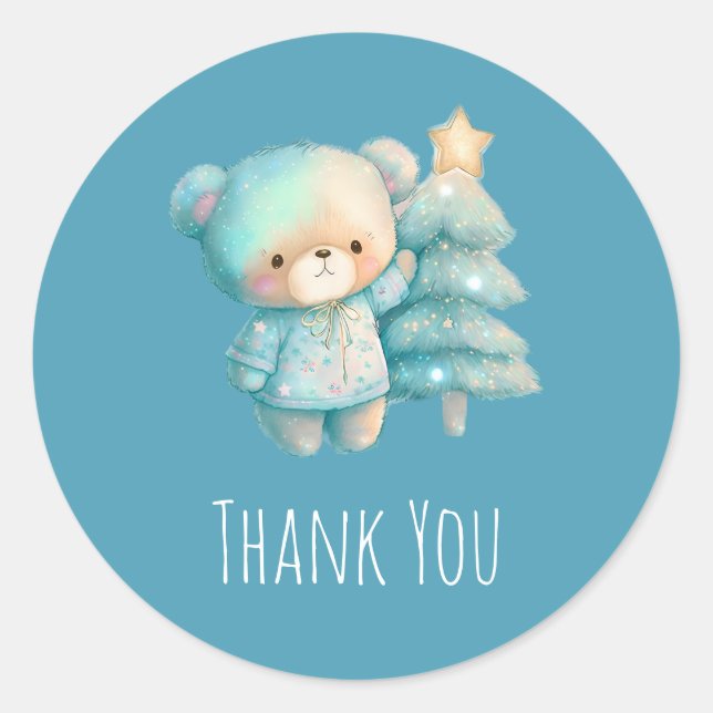Cute Bear and Christmas Tree Holiday Thank You Classic Round Sticker (Front)