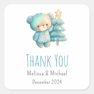 Cute Bear and Christmas Tree Holiday Thank You Square Sticker