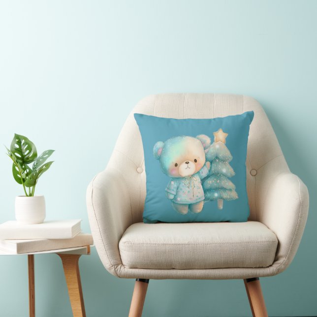 Cute Bear and Christmas Tree Holiday Throw Pillow (Chair)