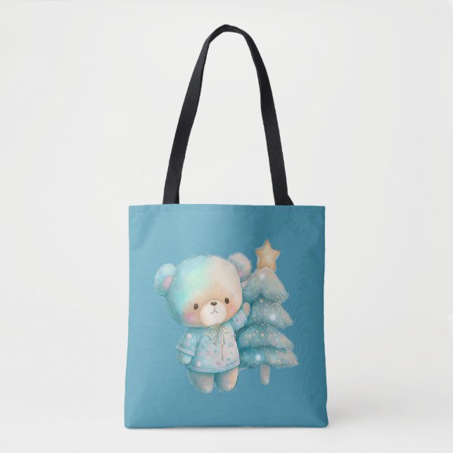 Cute Bear and Christmas Tree Holiday Tote Bag (Front)