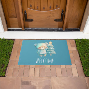 Cute Bear and Christmas Tree Holiday Welcome Doormat