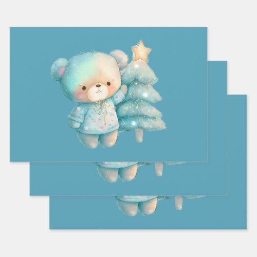 Cute Bear and Christmas Tree Holiday Wrapping Paper Sheets