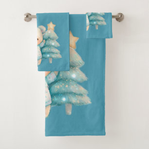 Cute Bear and Christmas Tree Teal Holiday Bath Towel Set