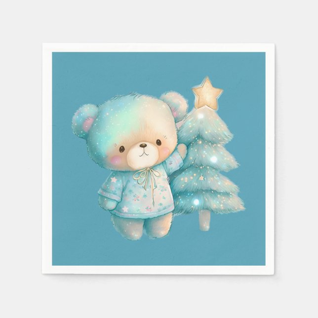 Cute Bear and Christmas Tree Teal Holiday Napkins (Front)
