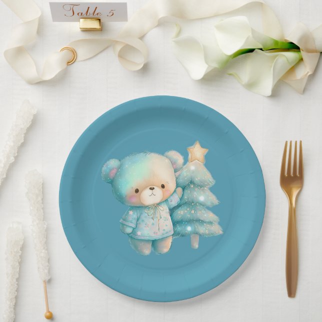 Cute Bear and Christmas Tree  Teal Holiday Paper Plates (Wedding)