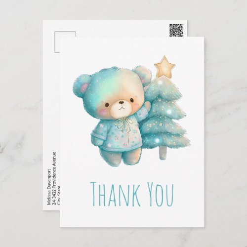 Cute Bear and Christmas Tree Thank You Postcard