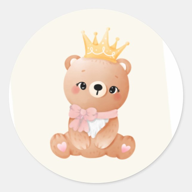 Cute bear and crown classic round sticker (Front)
