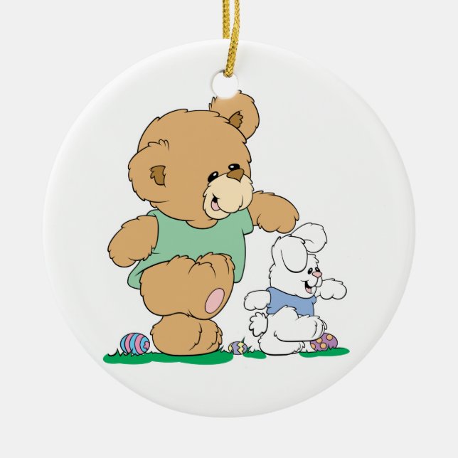 Cute Bear and Easter Bunny Ceramic Ornament (Front)
