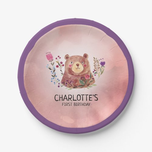 Cute Bear and Flowers Childs Birthday Paper Plates
