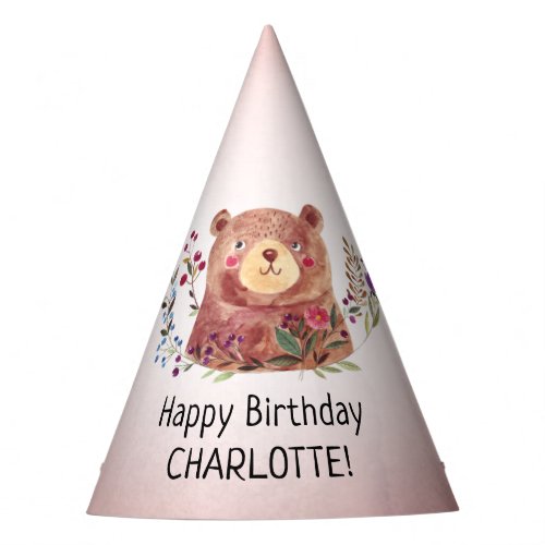Cute Bear and Flowers Childs Birthday Party Hat