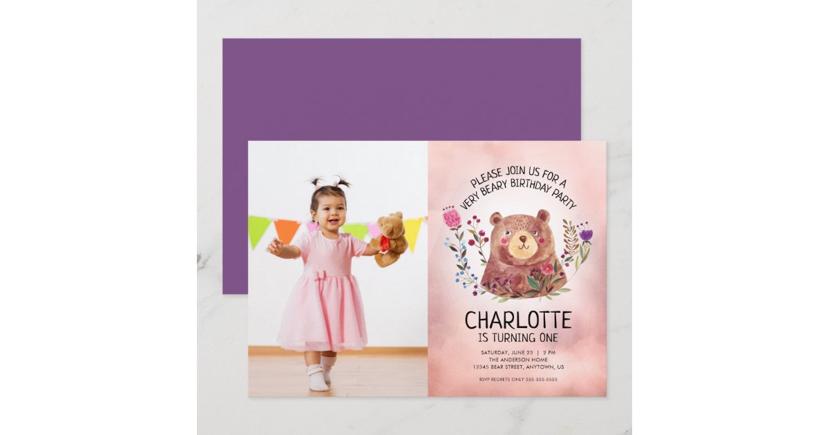 Cute Bear and Flowers Girls Photo Birthday Party Invitation | Zazzle