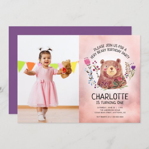 Cute Bear and Flowers Girls Photo Birthday Party Invitation