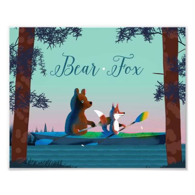 Cute Bear and Fox kayaking on a wild forest river Photo Print (Front)