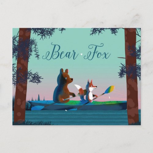 Cute Bear and Fox kayaking on a wild forest river Postcard