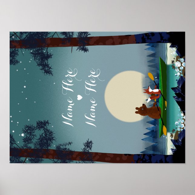 Cute Bear and Fox kayaking on a wild forest river Poster (Front)