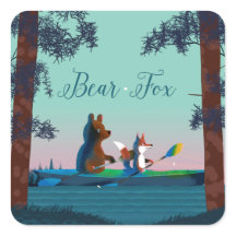 Cute Bear and Fox kayaking on a wild forest river