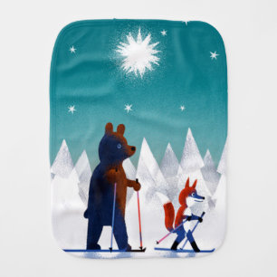 Cute Bear and Fox skiing under stars in a forest Burp Cloth