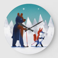 Cute Bear and Fox skiing under stars in a forest Large Clock